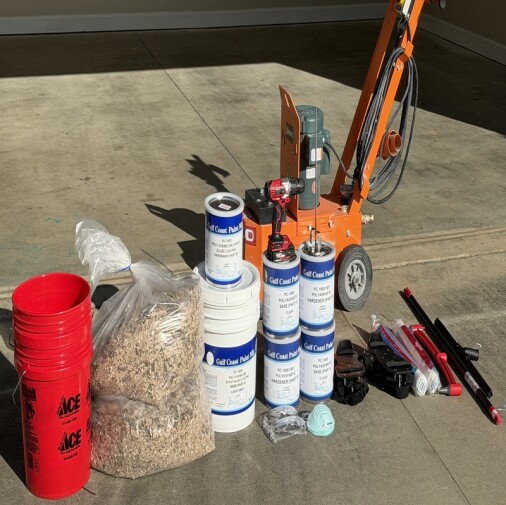 E1850 Epoxy, E1900 Polyaspartic, Vinyl Flakes Baboon, Concrete Diamond Grinder, Spiked Shoes, Rollers, Protective Equipment