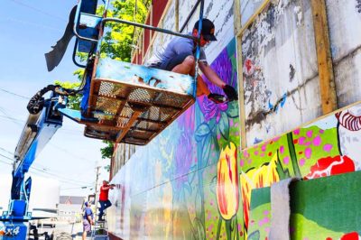Installing Summer St Murals Protected by VandlGuard IsoFree Aliphatic Urethane Anti-Graffiti Coating and Mural Protection