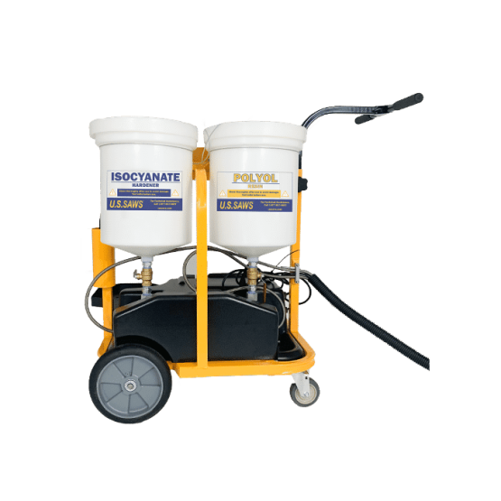 Dual-component foam dispensing cart with labeled buckets